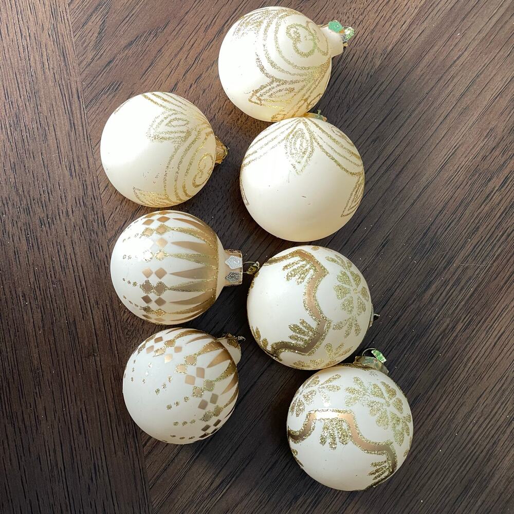 Vintage Cream & Gold Glass Ball Ornament Lot of 7 Christmas Glitter